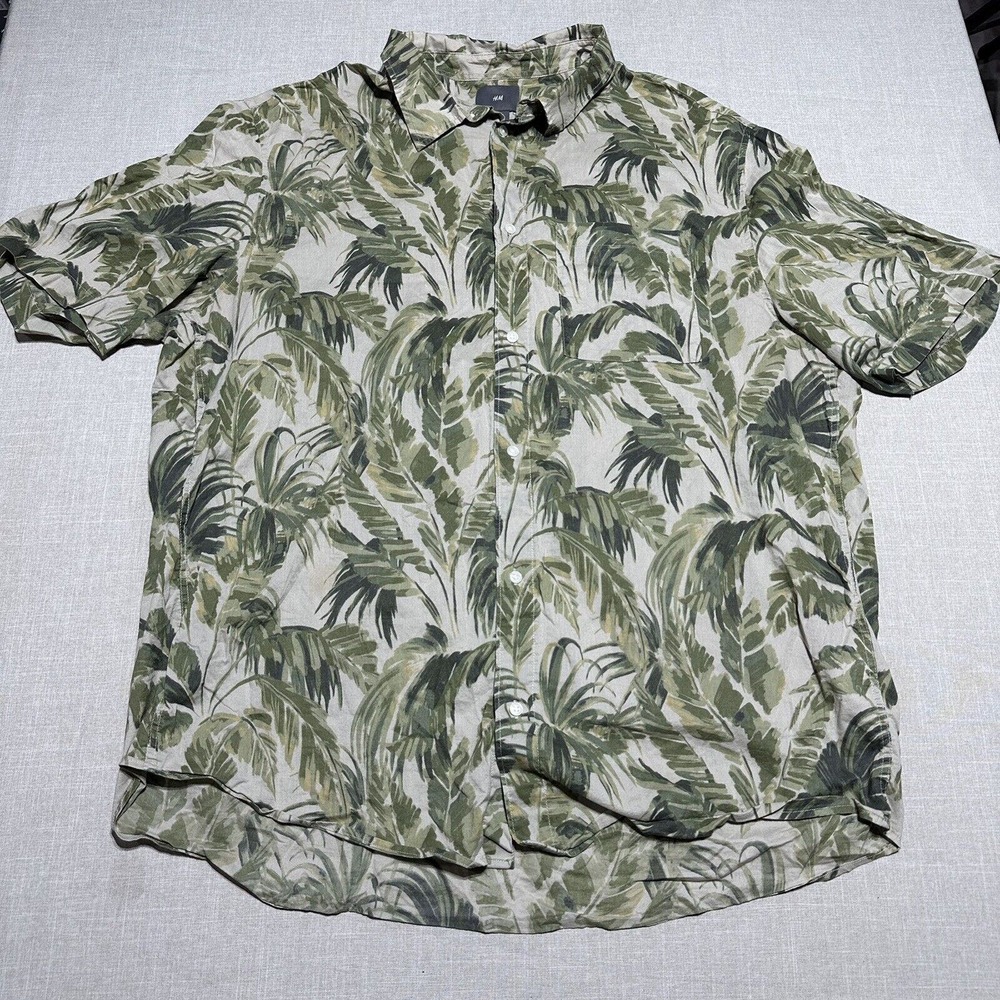 H&M Button Shirt Mens XL Leaf Print Pattern Tropical Green Short Sleeve